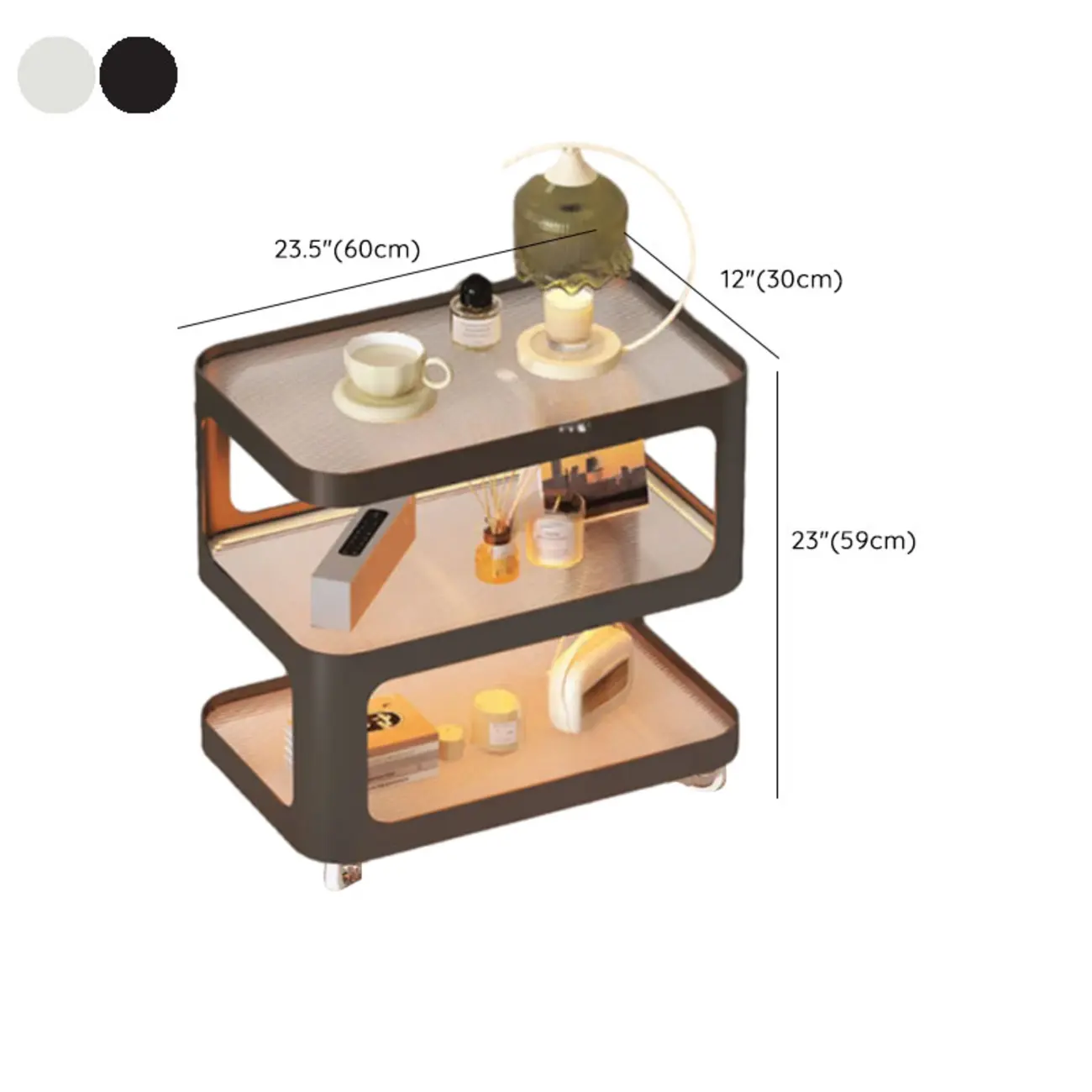 Modern White Glass Shelf 3-Tier Rolling Side Table