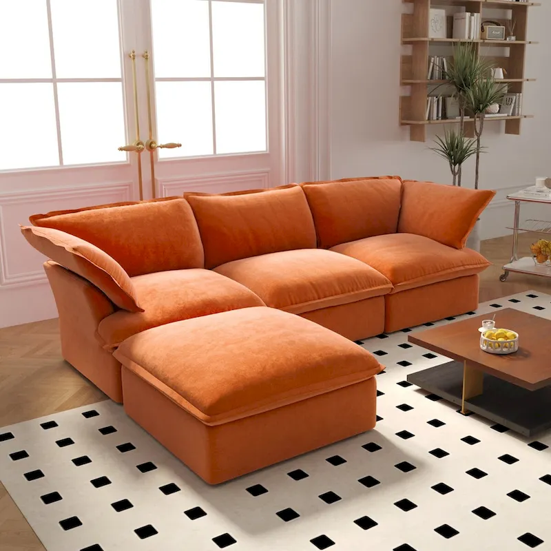 Cloud Sectional Sofa Down Feather Modular Couch L-shaped Velvet Wide Deep Seat Convertible Sofa.