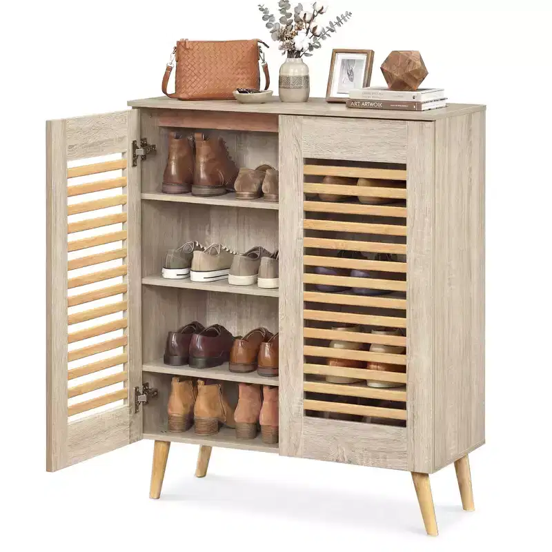 Shoe Cabinet with 2 Louvered Doors&3 Removable Shelves,5-Tier NarrowCabinet Natural/Walnut