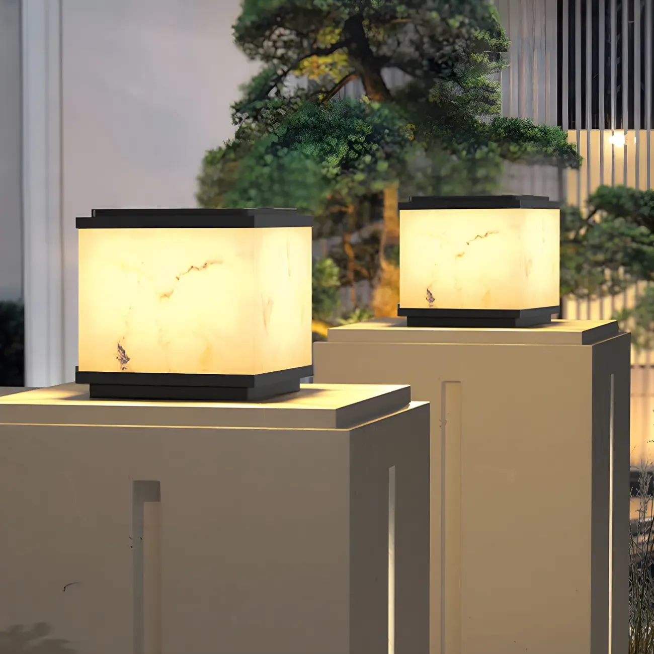 Modern Warm Light Cube Solar Outdoor Post Lights