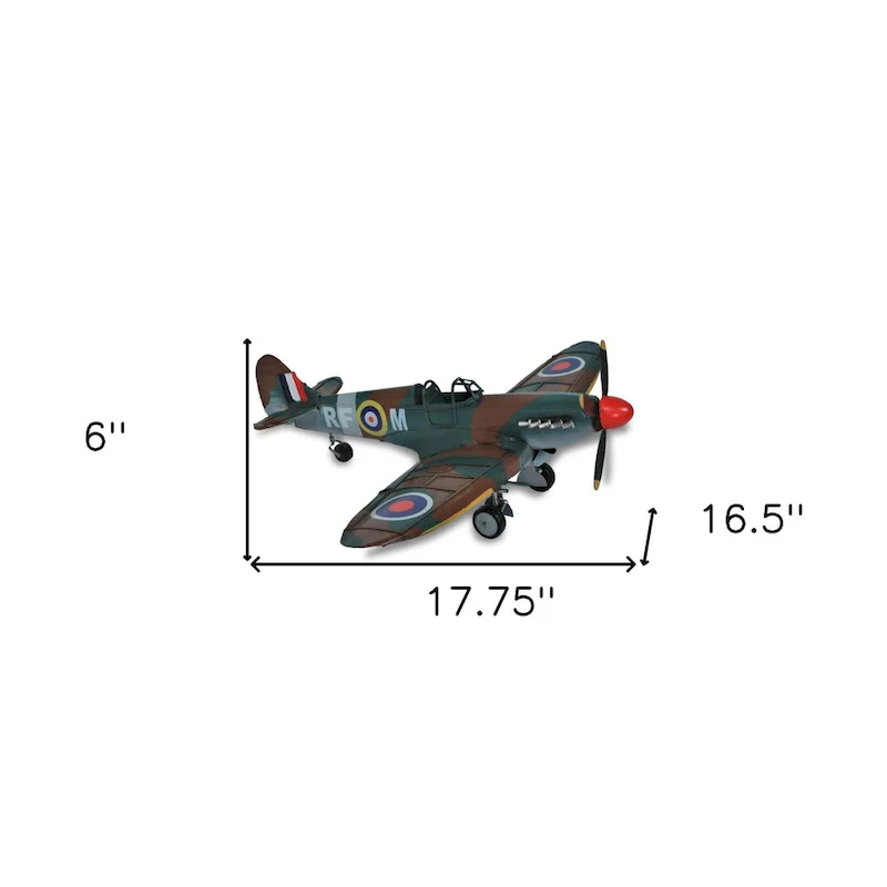 HomeRoots 6  Green Metal Hand Painted 1940 Green and Brown Spit Fire Model Airplane - 17.75' X '6' X '16.5