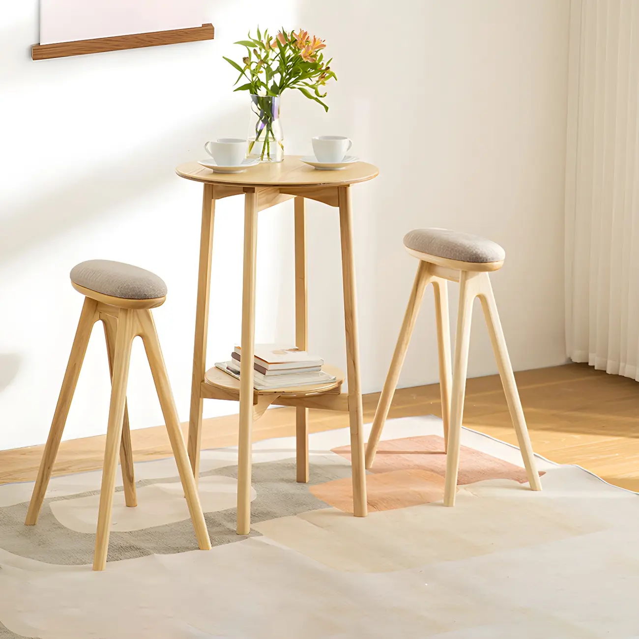 Scandinavian Round Natural Ash Wood Shelf Bar Tables