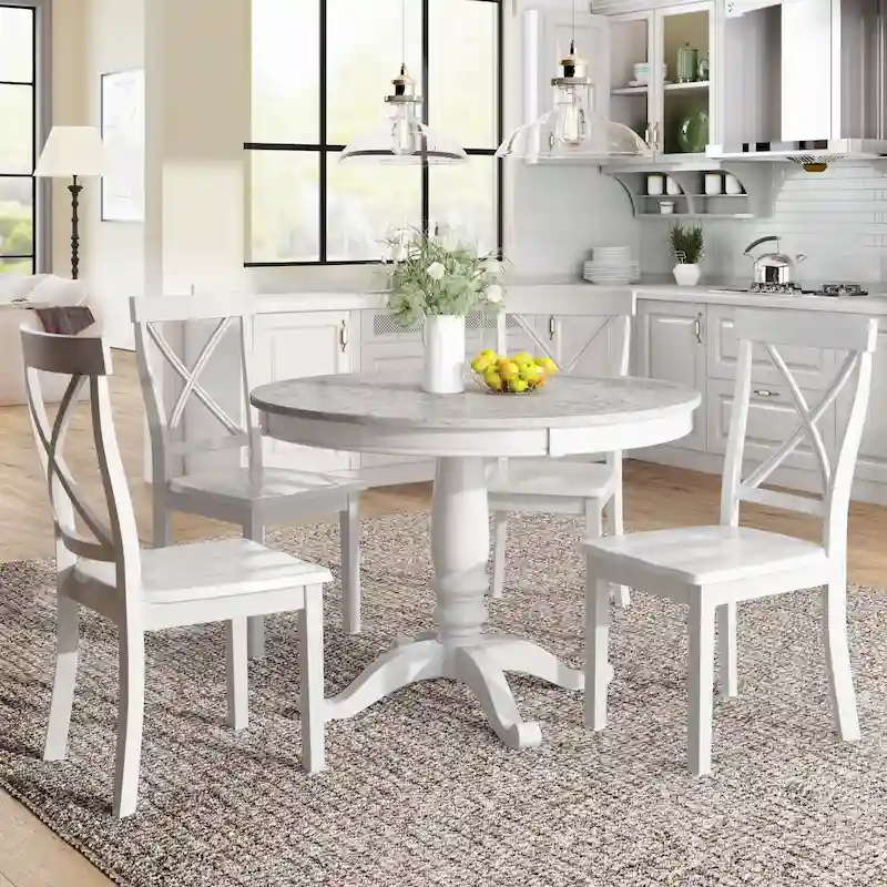 Modern Style Wooden 5-Piece Dining Set with Round Table amd 4 Upholstered Chairs