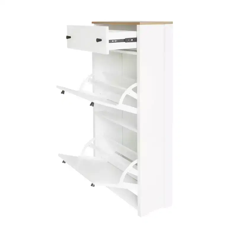 Functional Wood Grain Shoe Cabinet with 2 Flip Top Drawers and Adjustable Panels