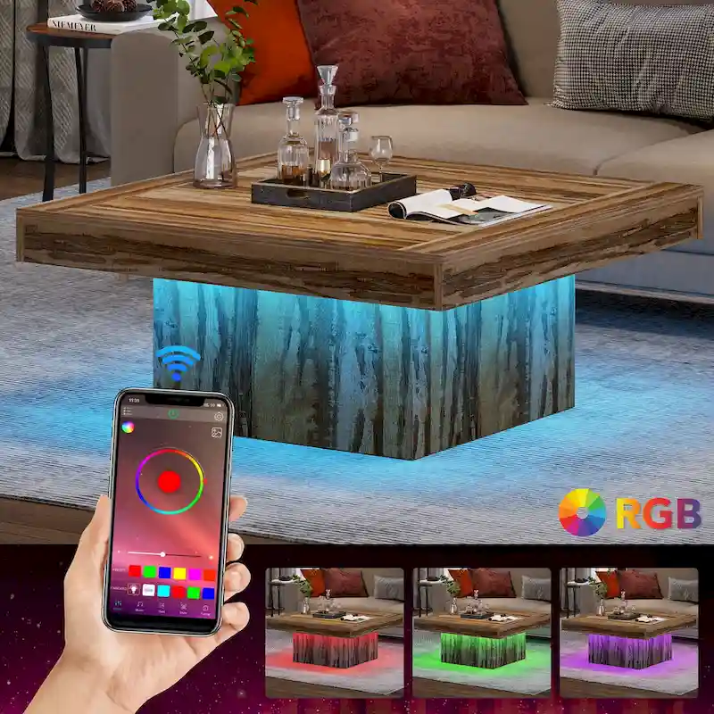 Square Coffee Table with LED Edge Lighting and Open Shelf