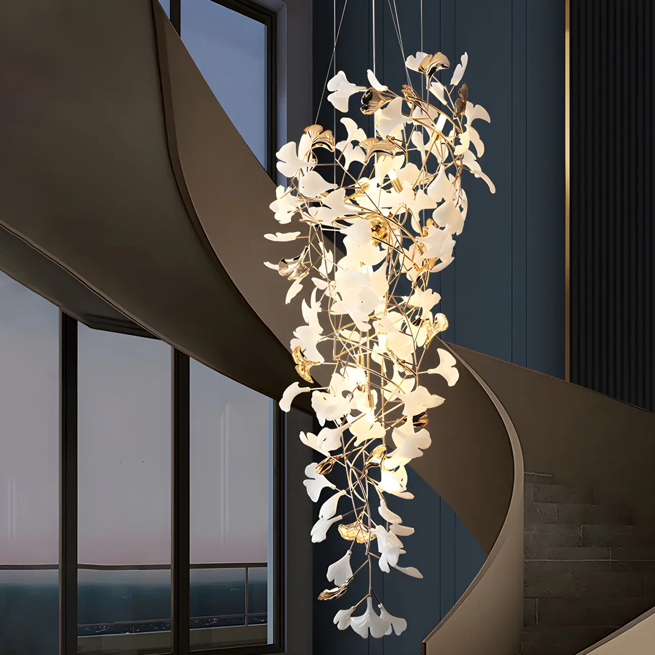 Elegant White Ginkgo Leaf Golden Stairwell Chandelier