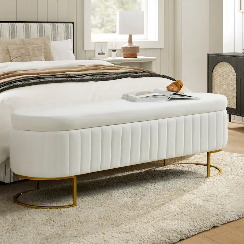 Sara Mid-Century Modern Upholstered Storage Bench Internal Grid With Metal Legs by HULALA HOME