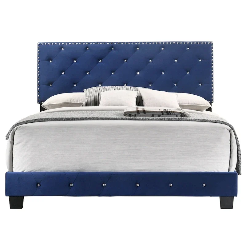 Velvet Tufted Faux Jewel Upholstered Full Panel Bed - 77 - Blue