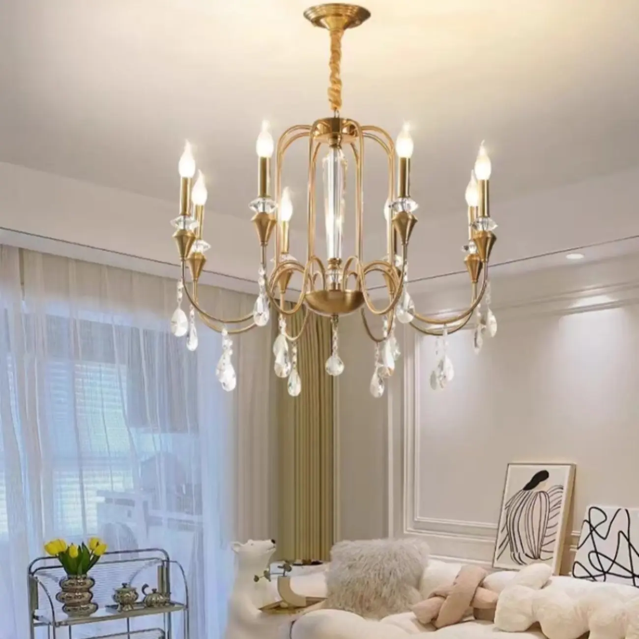 Metallic Alloy Hanging Gold Adjustable Crystal Chandelier