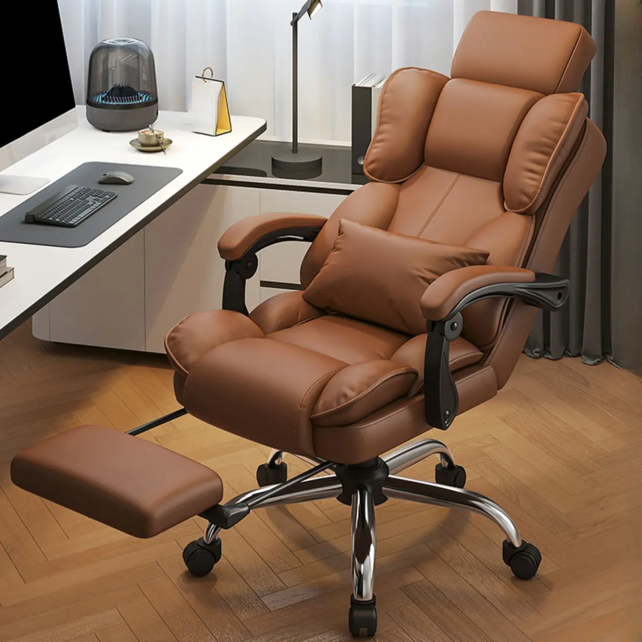Ergonomic Brown Leather Reclining Office Chair