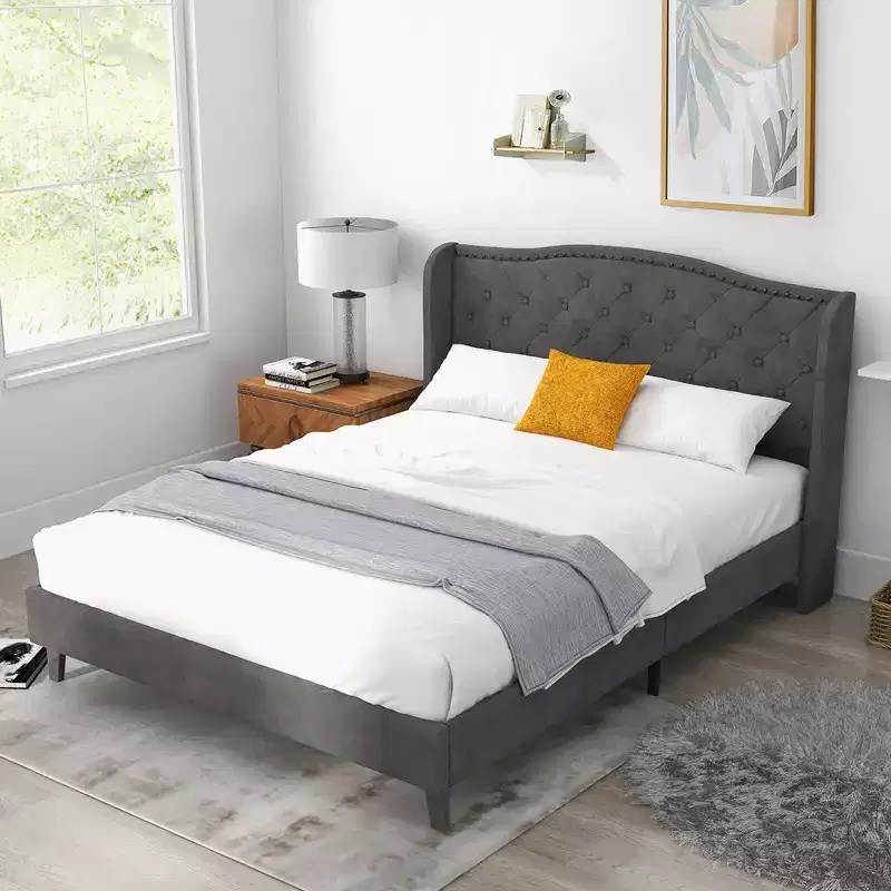 Queen Upholstered Platform Bed Frame with Button-Tufted Headboard, Noise-Free, 1000 lbs Capacity