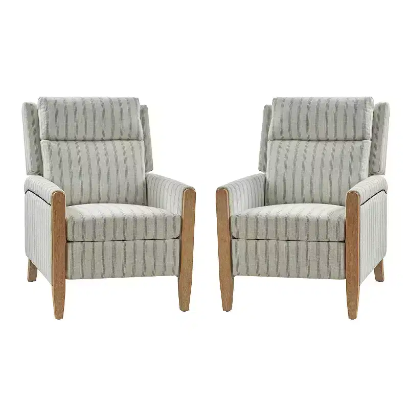 Upholstered Push Back Recliner, Set of 2 — Beige / Blue / Grey / Stripe