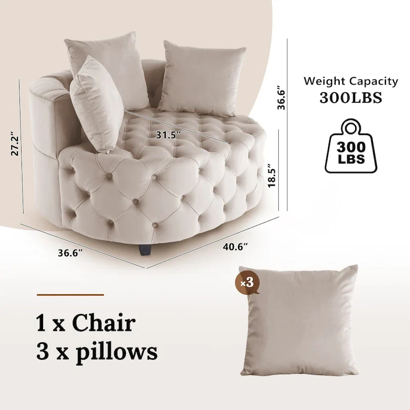 Velvet Modern Leisure Big Classical Barrel Chair with 2 Pillows