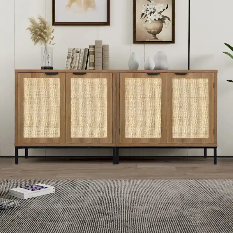 Anmytek Mid-Century Modern Rattan Accent Storage Cabinet Wood Sideboard Buffet with 2 Doors