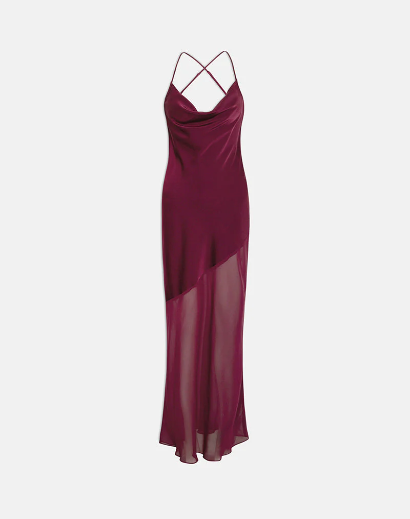 Eshara Maxi Dress in Chiffon Satin Burgundy