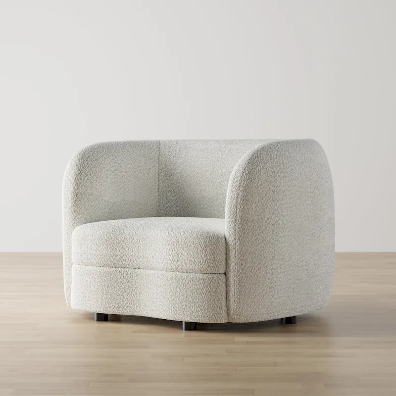 Modern Boucle Accent Chair with Curved Arms, Kidney Seat & Round Wood Legs
