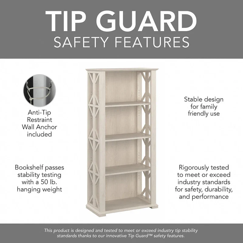 4-Shelf Bookcase in Linen White Oak / Driftwood Gray – 2 Adjustable Shelves