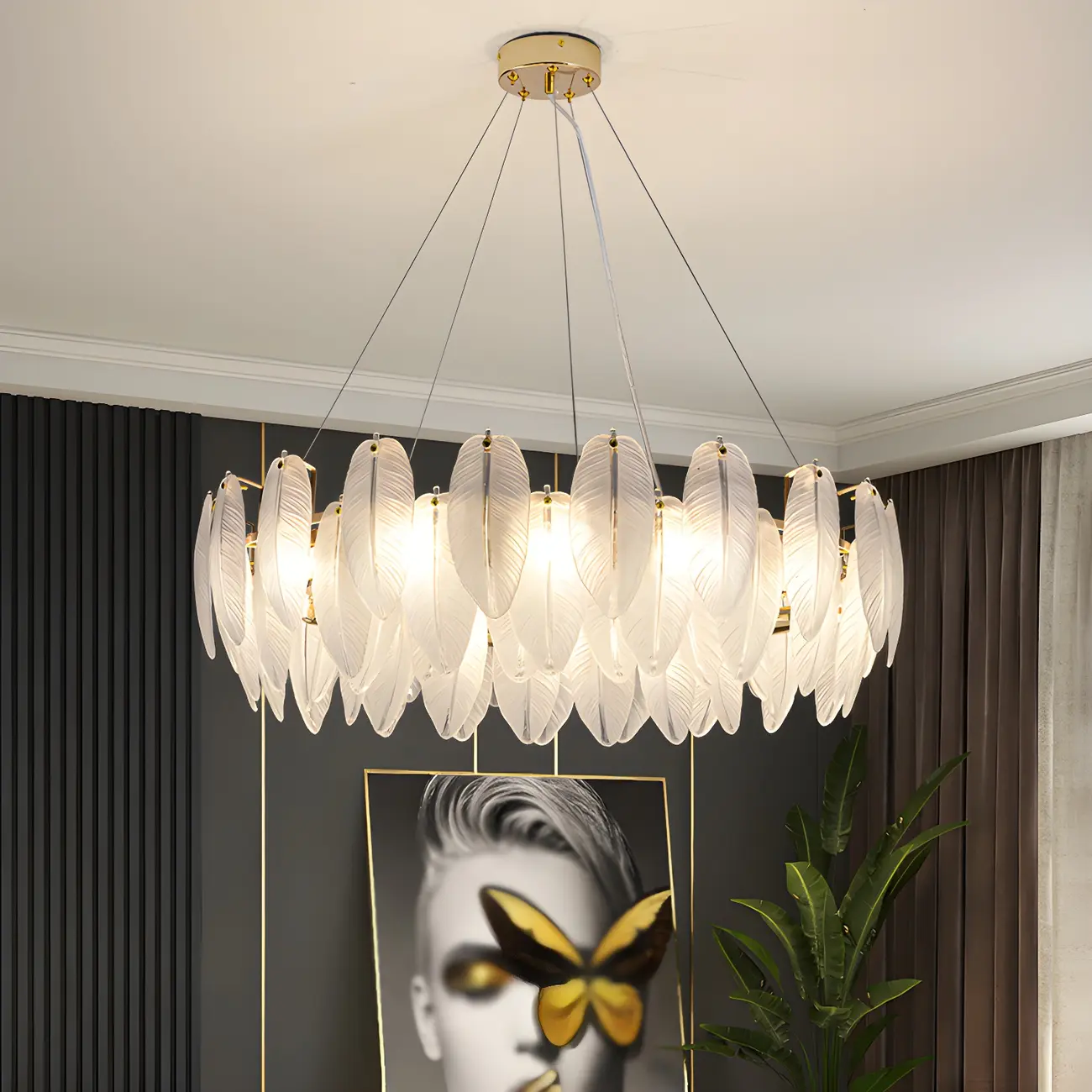 Elegant White Glass Feather Round Chandelier