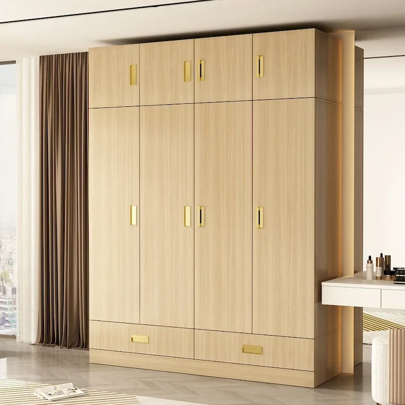 Wardrobe Closet Cabinet with Gold Handles and Optional Top Cabinet