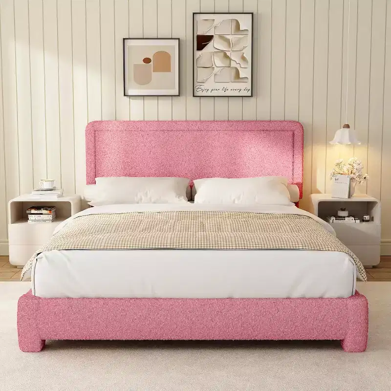 Dyonery Boucle Bed Frame,Black Upholstered Teddy Fabric Bed Frame with Headboard,No Box Spring Required, Adjustable Headboard, Easy Assembly