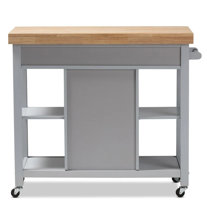 Farmhouse Grey Wood Kitchen Cart with Rubberwood Top