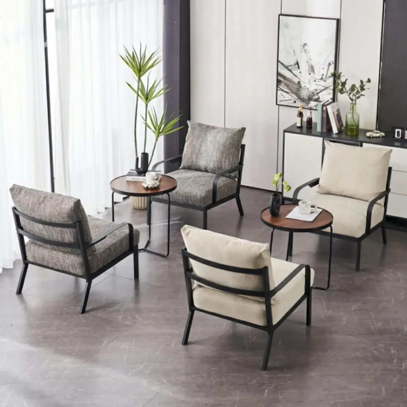 Modern Fabric Metal Arm Chair Beige Ergonomic Design