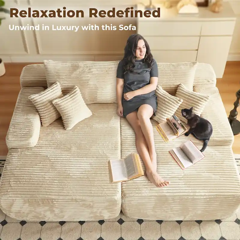 OVIOS Long Plush No Assembly Required Double Chaise Sofa