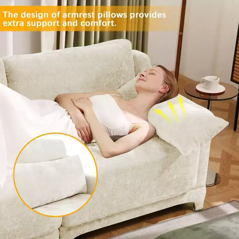 4-Seater Solid Wood Frame Chenille Beige Sofa with Lumbar Pillow High Resilience Sponge Easy Install