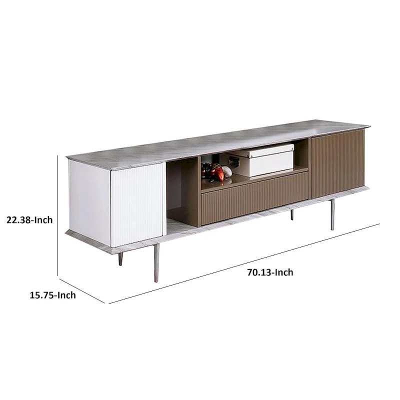70 Inch TV Entertainment Console, 1 Drawer, Shelves, White, Brown, Gray
