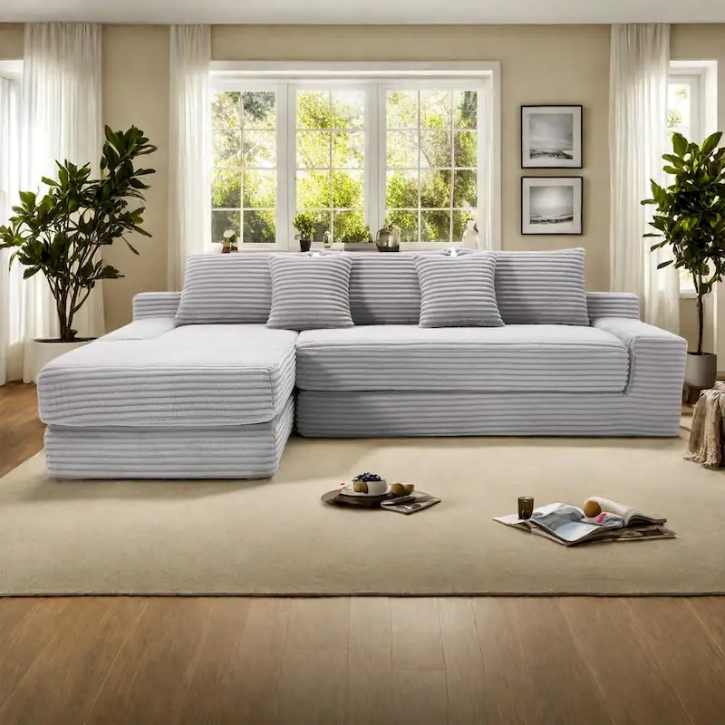 L-Shaped Light Corduroy Sectional Couch with Memory Foam, Steel Frame, and No Assembly Required, Convertible Sofa Bed