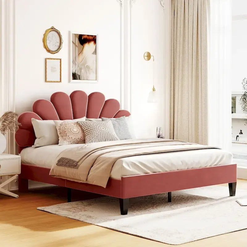 Modern Queen Size Platform Bed, Velvet Upholstered Bed Frame with Flower Pattern Headboard and Solid Wood Slats Support