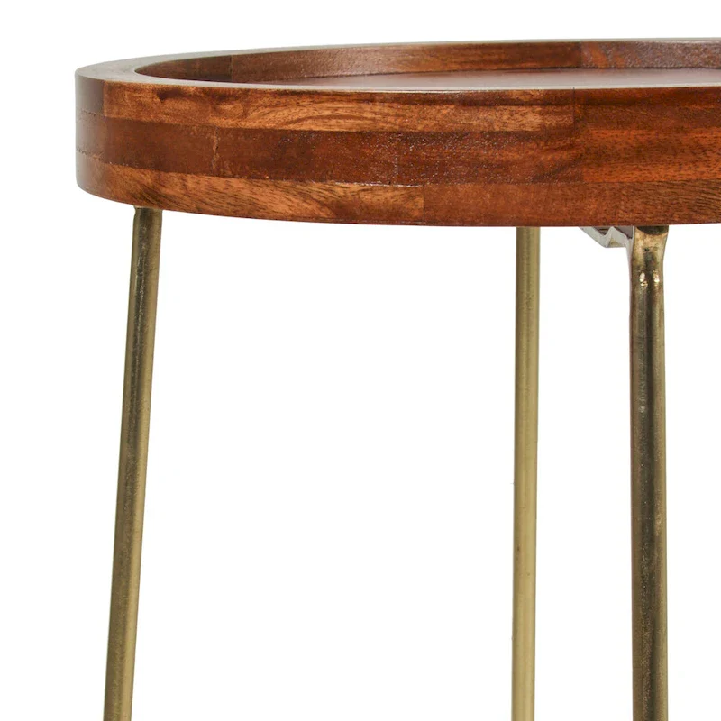 Gold Iron And Natural Wood Round Accent Table by