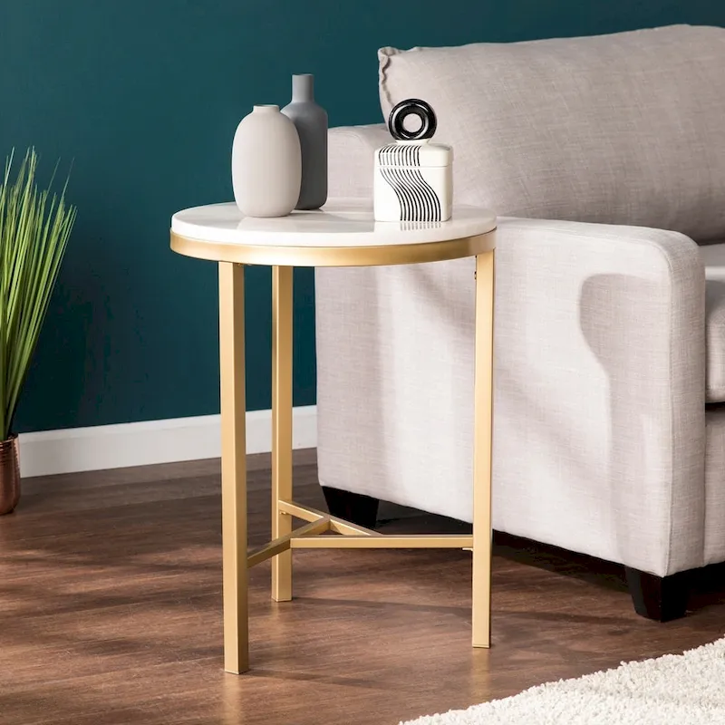 SEI Furniture Garzeaux Mid Century Modern Ivory Marble Gold Side Table