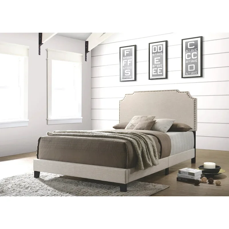 Modern Design Beige Upholstered Bed with Nailhead Trim