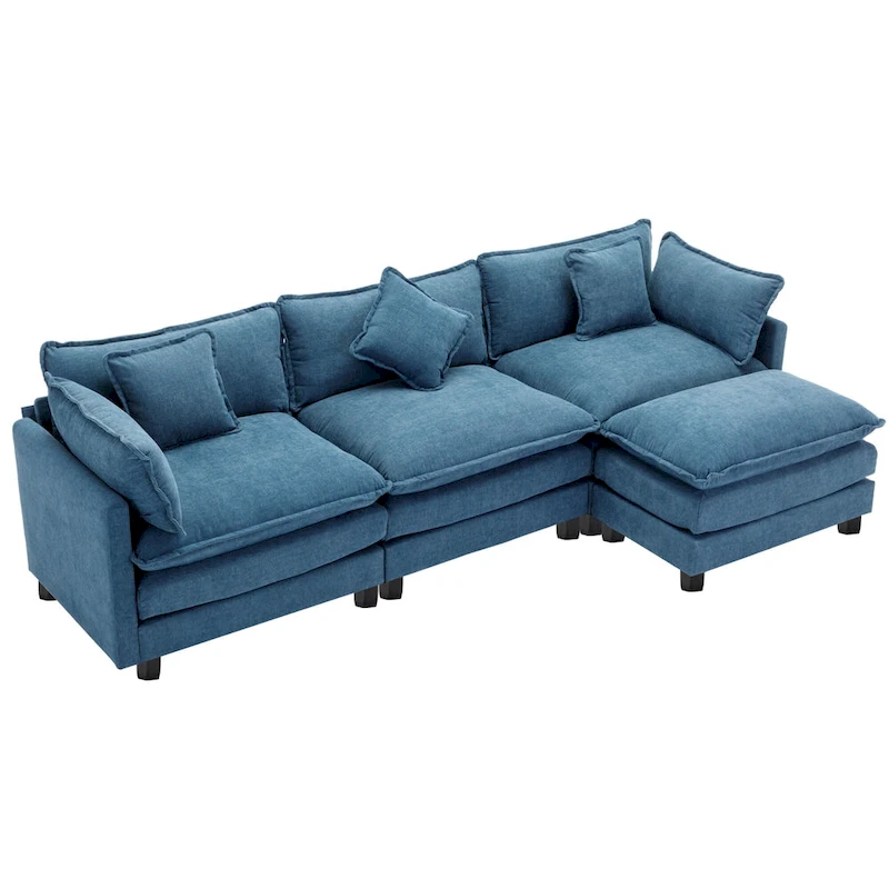Blue 112.2 Modern L-Shaped 4-Seat Sectional Sofa with Removable Ottoman, 5 Plush Pillows, and Sturdy Construction