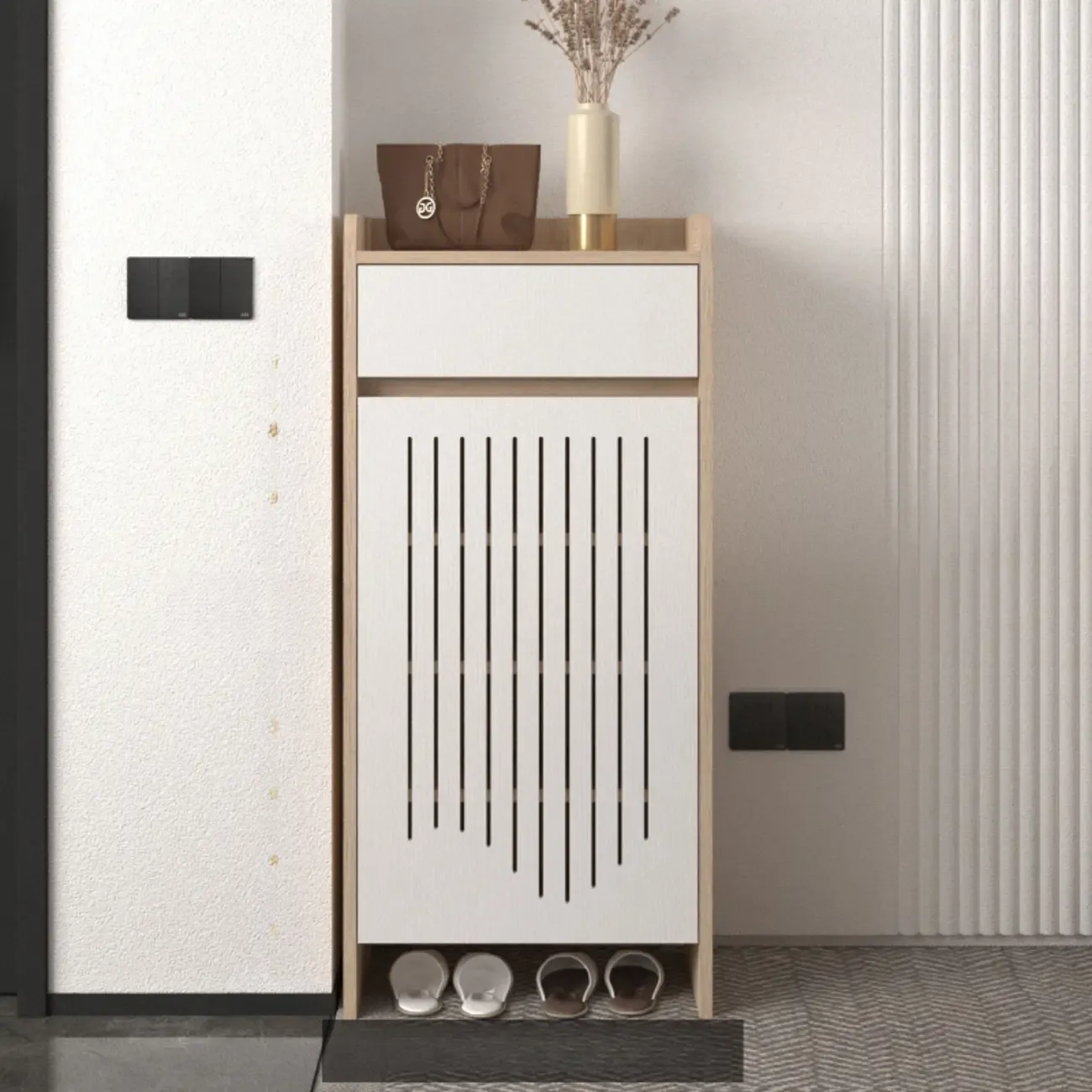 Modern Slim Wood Beige Entryway Shoe Cabinet