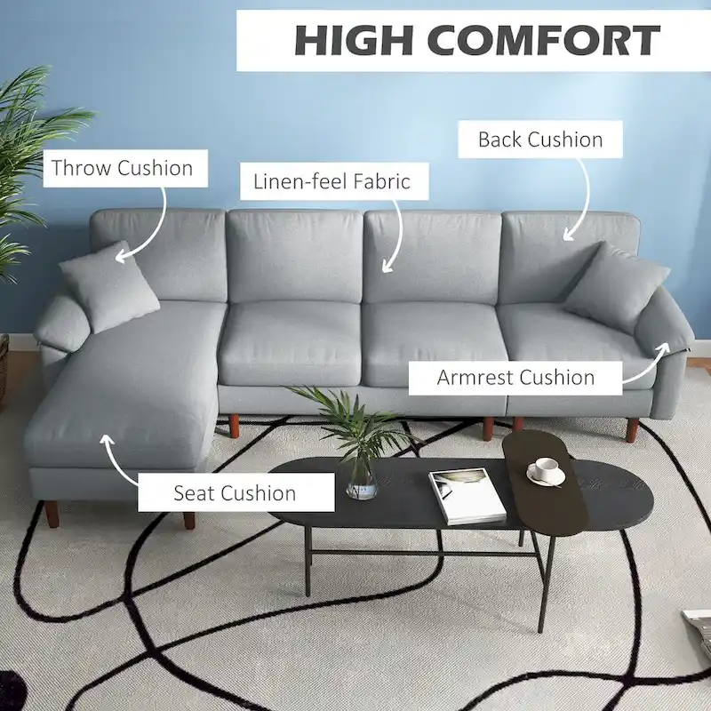 HOMCOM Fabric Sectional Couch with Reversible Sleeper Sofa, Modern L Shaped Sectional Sofa with Pillows, Wooden Legs