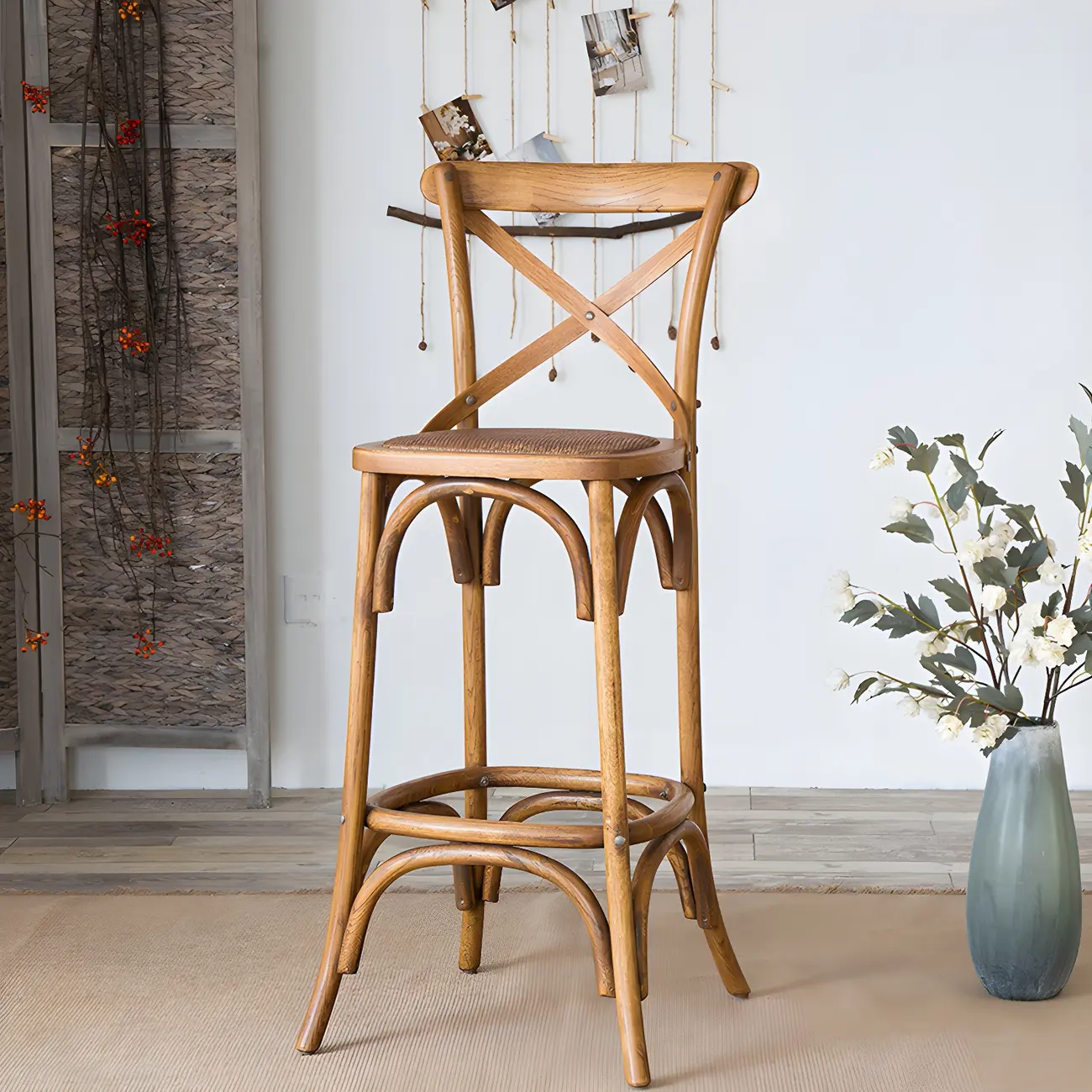 Rustic Solid Wood Wicker Cross Back Bar Stool in Brown/ Grey