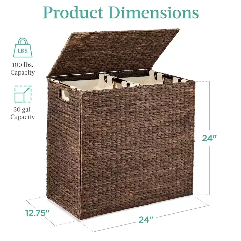 Best Choice Products Large Natural Water Hyacinth Double Laundry Hamper Basket w/ 2 Liner Bags, Handles