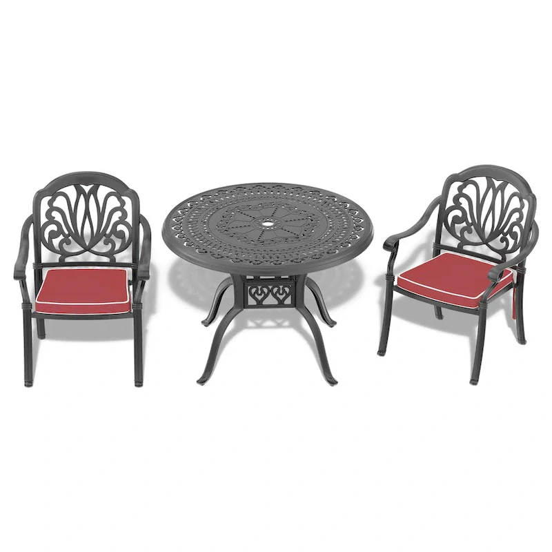 3/5-Piece Cast Aluminum Outdoor Dining Set with 39.37 in. Round Table and Random Color Seat Cushions
