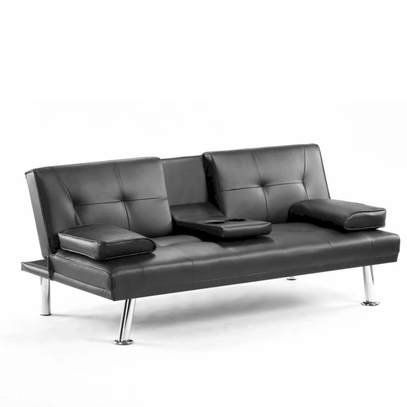 PU Upholstered Modern Convertible Folding Futon Sofa Bed Removable Armrests, Metal Legs, with 2 Cupholders