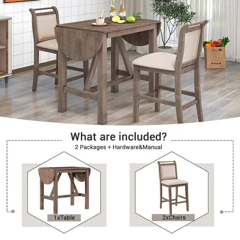 3-Piece Wood Counter Height Drop Leaf Dining Table Set