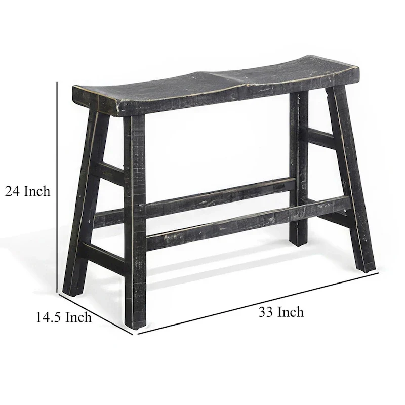 Counter Height Bench, 33 Inch Rustic Black Mahogany Wood Frame