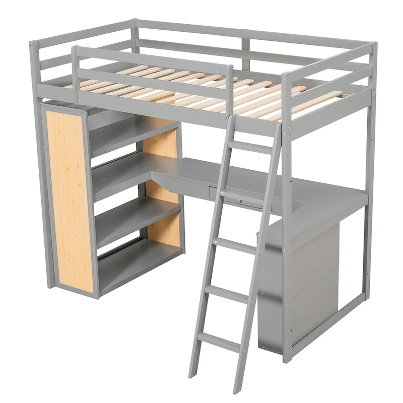 Loft Bed with Desk, Shelves, Drawer, and Ladder, Full-Length Guardrail