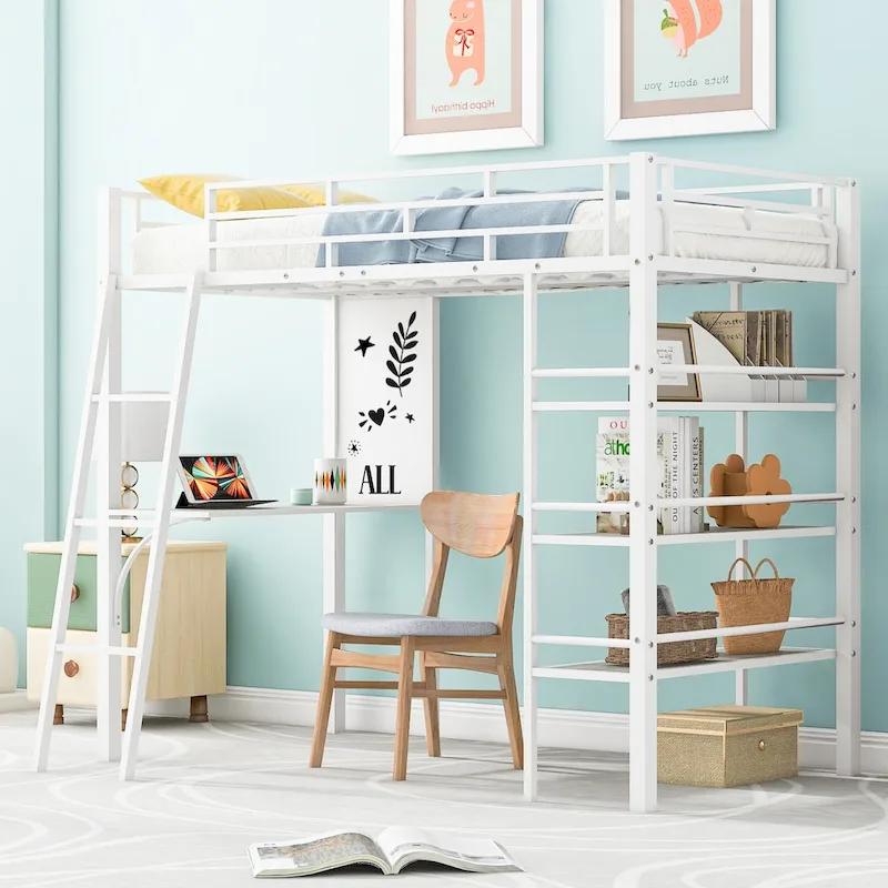 Twin Metal Loft Bed with Built-in Desk