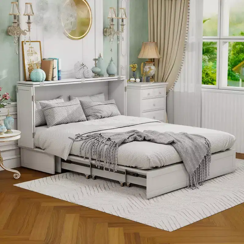 Keloyid Haimyy Solid Wood Frame Queen Murphy Bed Chest with Built-in Charger and Strong Drawer