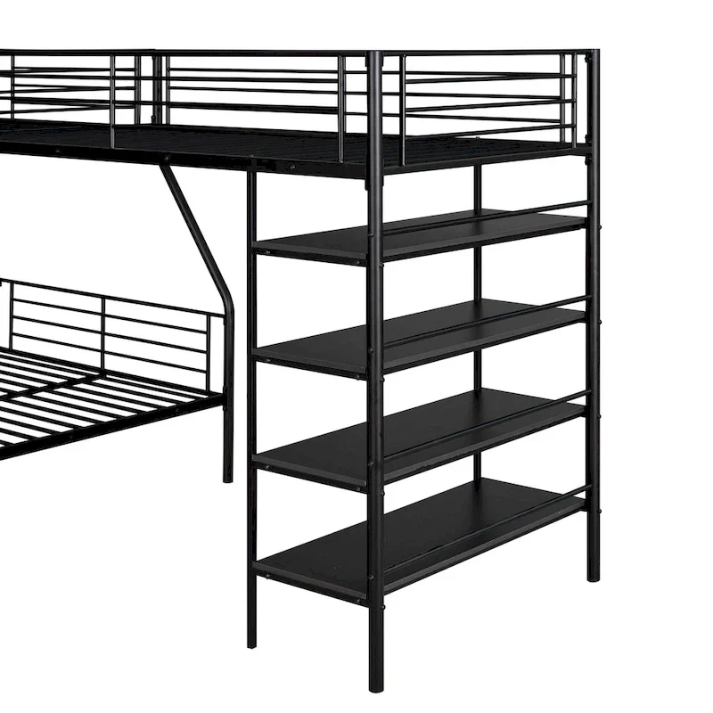 L-Shaped Metal Bunk Bed with Loft – Black, Twin over Full + Twin Loft, Sleeps 3