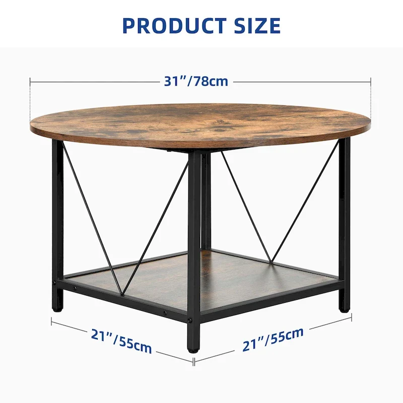 Industrial 2-Tier Round Coffee Table with Shelf