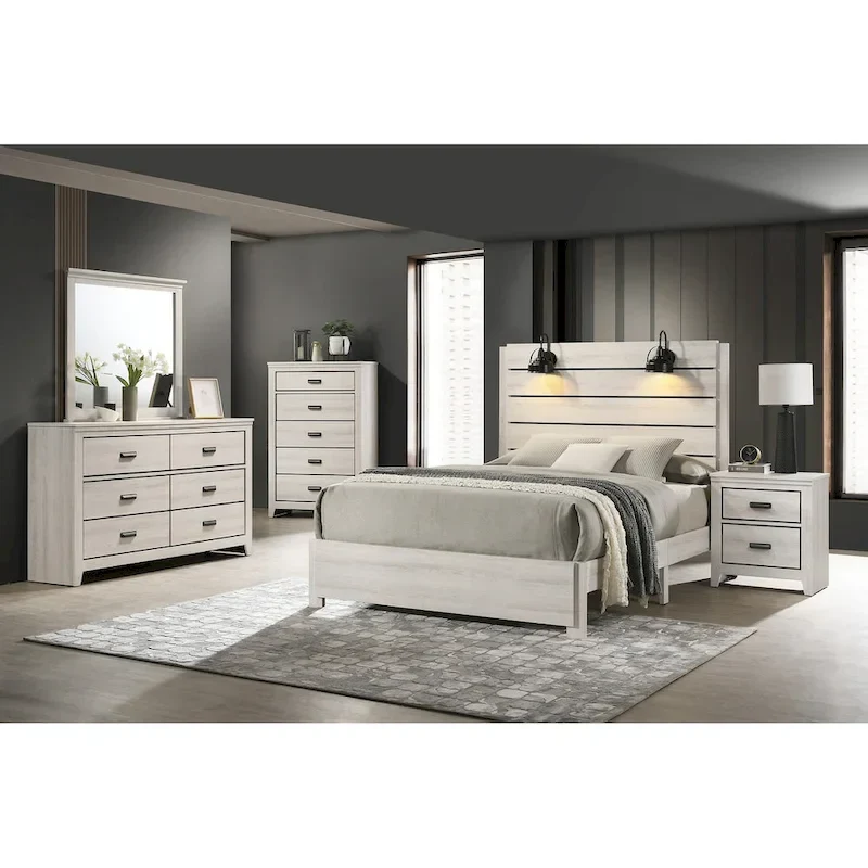 Edyth 4 Piece White LED Panel Bedroom Set