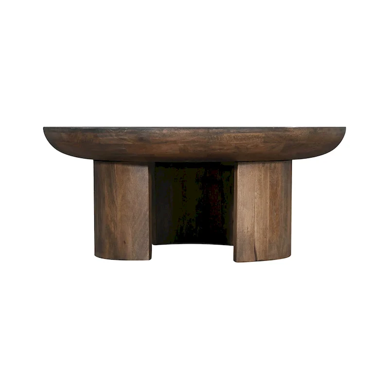 35 Inch Coffee Table, Handcrafted Round Mango Wood Top, Modern Curved Tripod Legs, Walnut Brown